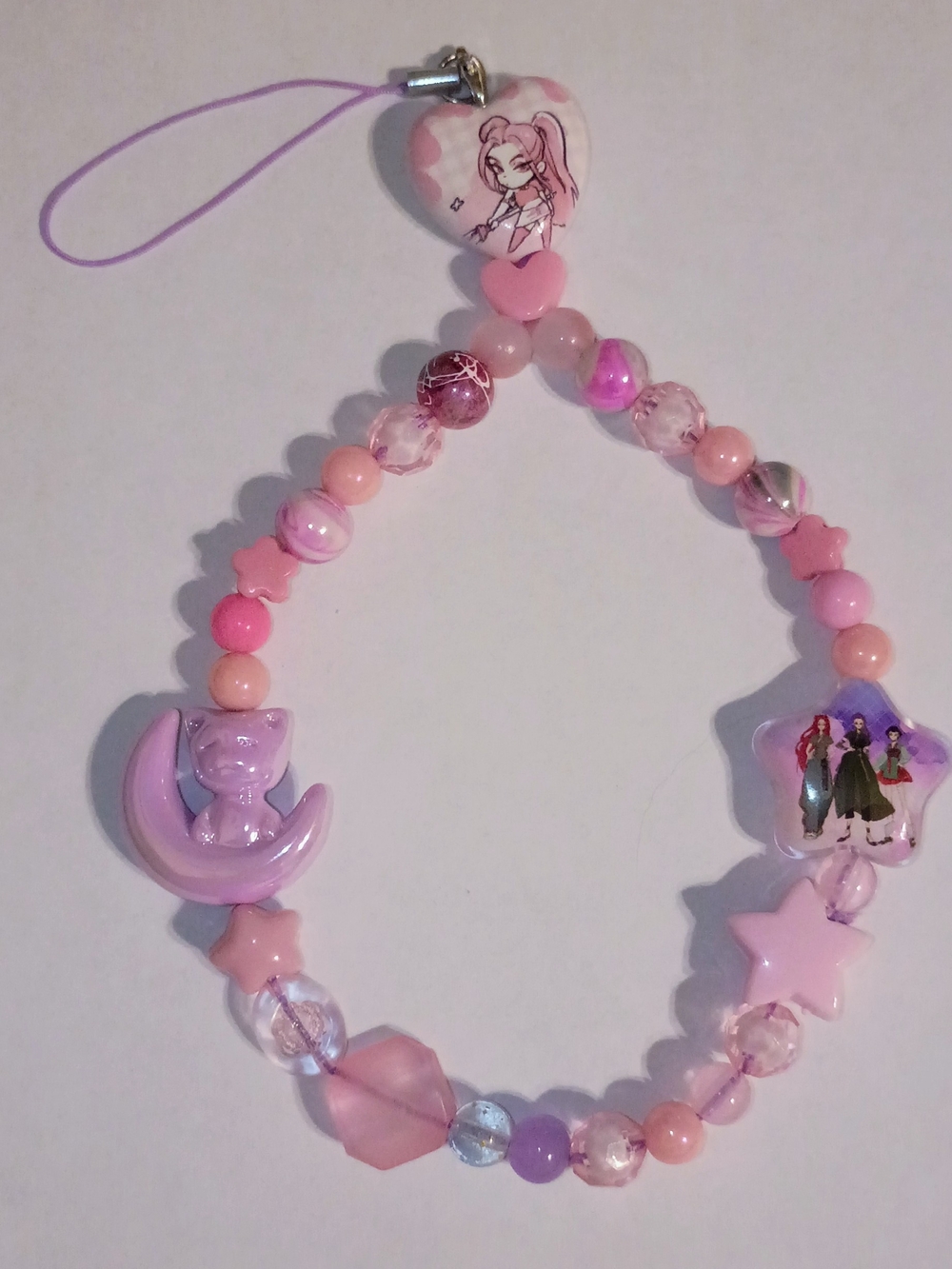 Pink Purple Demon Hunters Beaded Phone Charm - Cute Moon Cat & Star Design Kpop